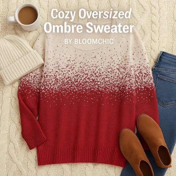 BLOOMCHIC Ombre Knit Sweater Cabernet & Pink Scoop Neck Oversized Pullover 12 - Picture 1 of 15